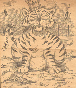 Tiger eating Jayhawk cartoon, 1909
